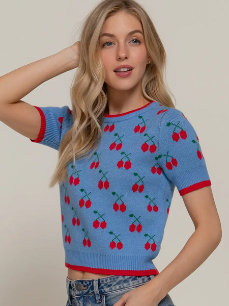 Short Sleeve Contrasting Edge Line Cherry Pattern Sweater