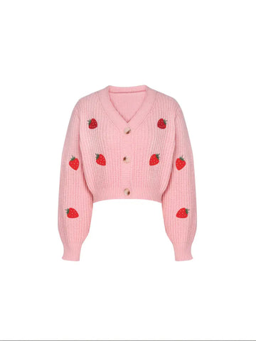 Strawberry Cropped Loose Fitting Embroidered Cardigan Sweater