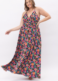 Vibrant Floral Maxi Dress with Plunging Neckline