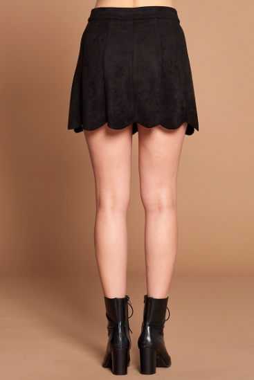 Faux Suede Button Down Mini Skirt with Scalloped Hem Tan or Black Black M