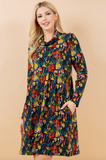 Vibrant Mushroom Print Cowl Neck Sweater Dress