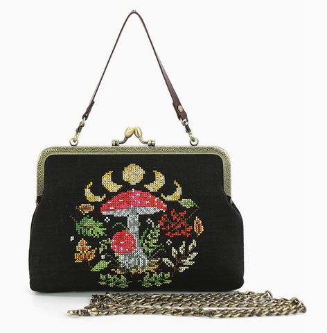 Moon Phase Mushroom Kiss Lock Purse - Black