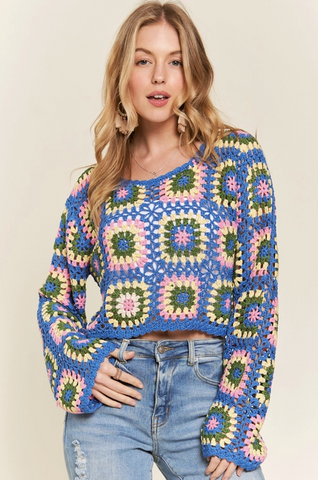 Blue Crochet Cropped Sweater