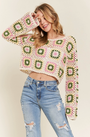 Beige Crochet Cropped Sweater