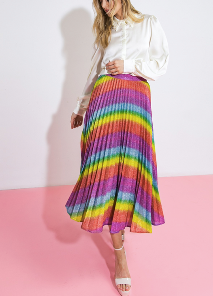スカート Multi Coloured Striped Midi Skirt Metallic Rainbow Pleated Midi Skirt – Heartbreak Boutique