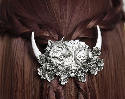 Wolf Crescent Moon Hair Clip