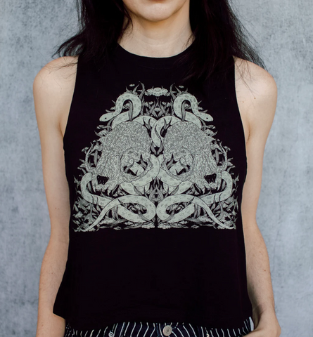 Cat Skull and Snakes Screen Printed Punk Racerback Crop Top
