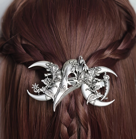 Crow Skull & Moon Hair Clip