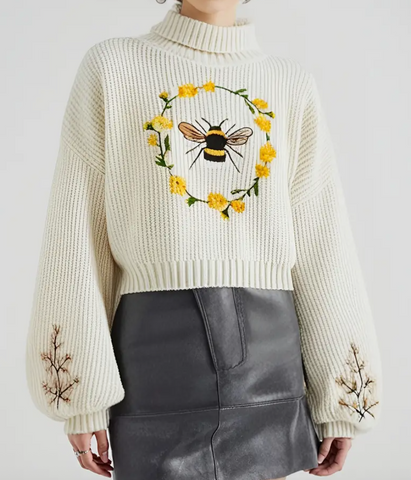 Embroidered Bumble Bee Turtleneck Sweater