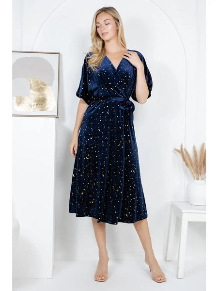 Navy Golden Moon & Star Velvet Wrap Dress Heartbreak Boutique Navy Golden Moon & Star Velvet Wrap Dress Heartbreak Boutique