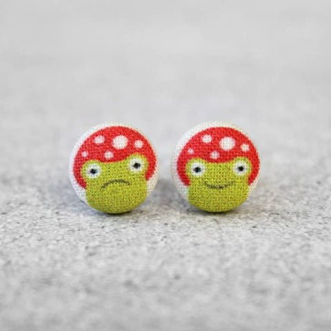 Mushroom Frog Cloth Button Earrings