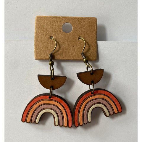 Wooden Dangly Muted Rainbow Earrings