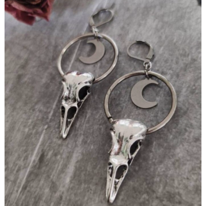 Crow Skull and Moon Statement Earrings
