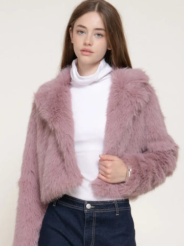Long Sleeve Notched Collar Faux Fur Cropped Jacket