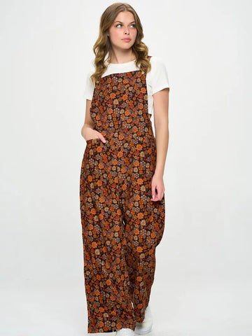 Fall Floral Print Corduroy Overalls