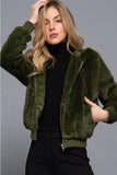 Faux Fur Zip Up Hoodie - Olive Green