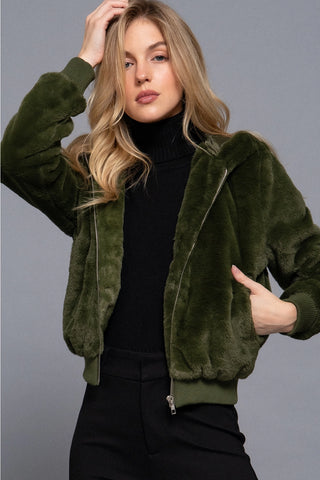 Faux Fur Zip Up Hoodie - Olive Green