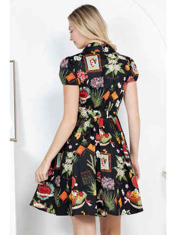 Frida Print Cotton Dress - Black