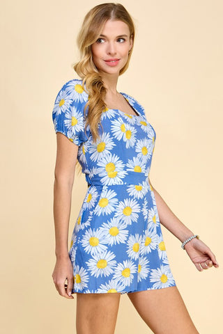 Daisy Print Romper with Criss Cross Back