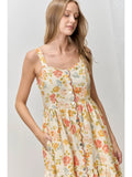 Cream Floral Print Scalloped Edge Midi Dress