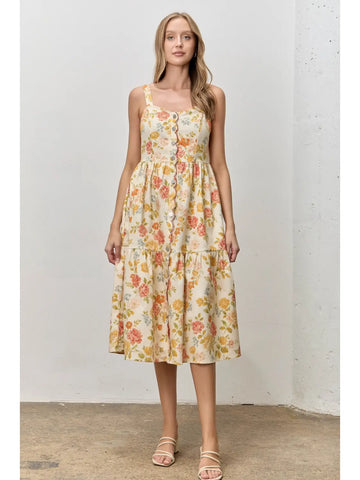 Cream Floral Print Scalloped Edge Midi Dress