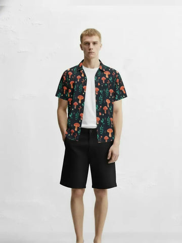 Men's Navy Mushroom Printed Woven Fun Print Short Sleeve Cotton Shirt
