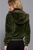 Faux Fur Zip Up Hoodie - Olive Green