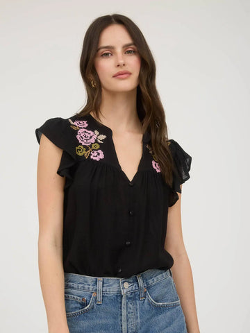 Floral Embroidery Button Down Short Sleeve Top
