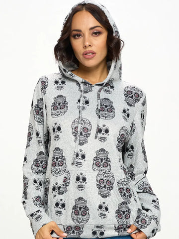 Allover Skull Print Hoodie with Pocket