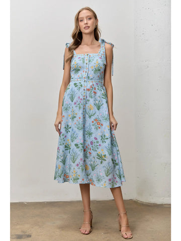 Blue Floral Print Smocked Back Midi Dress