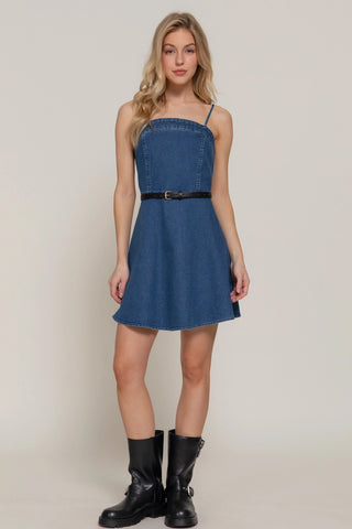 Belted Cami A-Line Denim Mini Dress with Smocking Detail