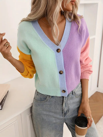 Pastel Colour Block Cropped Button Up Cardigan