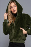 Faux Fur Zip Up Hoodie - Olive Green
