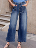 High Waist Wide Leg Denim Jeans with Front Patch Pockets