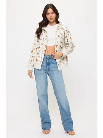 Chicken and Ducks Floral Zip Up Hoodie
