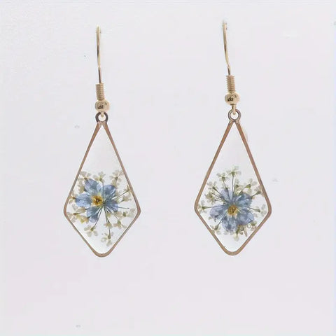 Diamond Tear Drop Pressed Forget Me Not Resin Earrings