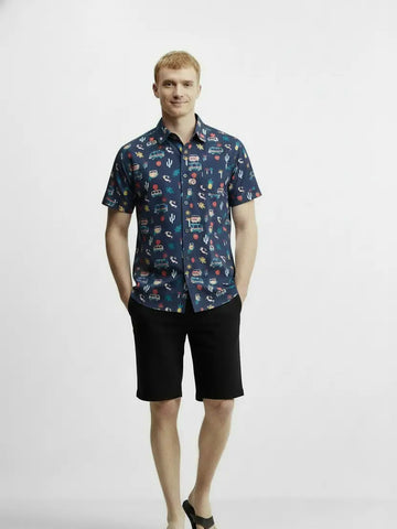 Men's Vacation Camper Printed Woven Fun Print Short Sleeve Cotton Shirt