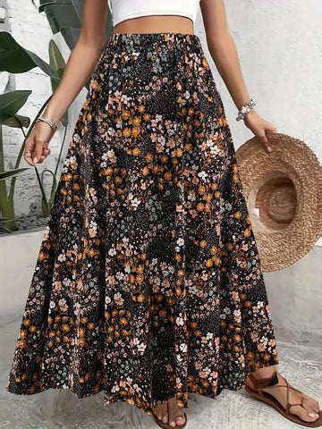 Navy Floral Stretch Maxi Skirt