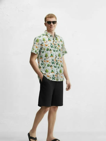 Men's Green Mushroom Printed Woven Fun Print Short Sleeve Cotton Shirt