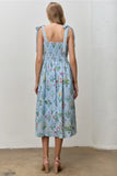 Blue Floral Print Smocked Back Midi Dress