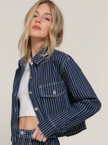Button Down Striped Denim Short Jacket