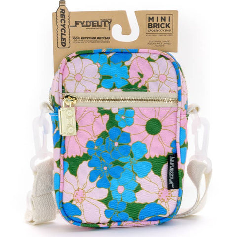 Crossbody Mini Brick Bag - Blue & Pink Retro Flowers
