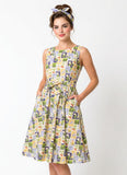 Vintage Inspired Floral Stamp A Line Dress