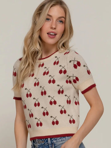 Short Sleeve Contrasting Edge Line Cherry Pattern Sweater Top
