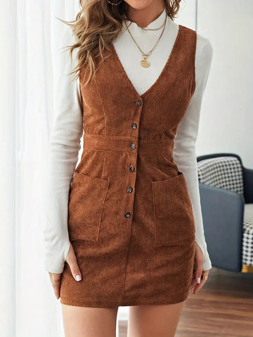 Tan Brown Corduroy Button Up Jumper