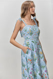 Blue Floral Print Smocked Back Midi Dress