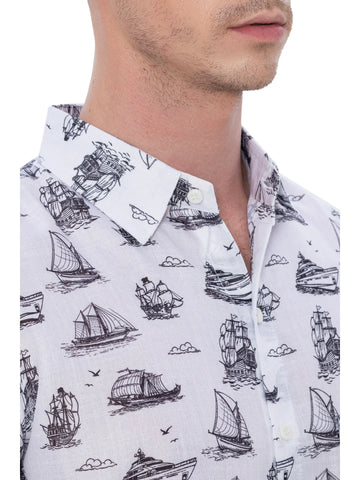 Happy Bay Linen Button Up Mens Shirt -  Black Ships