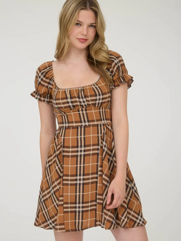 Plaid Short Puff Sleeve Mini Dress