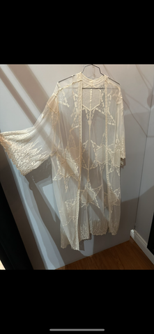 Embroidered Geometric Mesh Kimono - Ivory