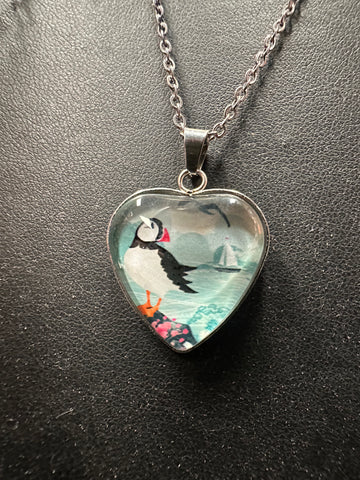 Puffin Heart Glass Bubble Necklace